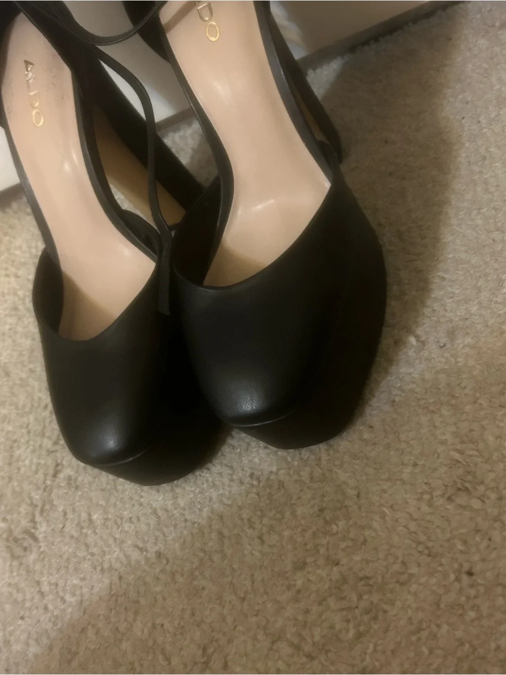 Aldo Black Platform Ankle-Strap Pumps with Gold Heart Charm